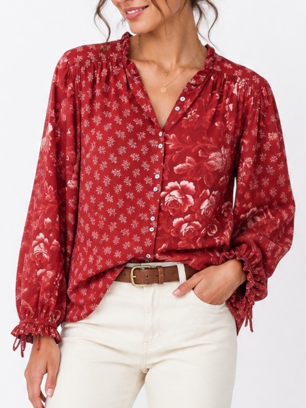 Sundance Janica 100% Cotton Red Floral Patchwork Peasant Puff Sleeve Blouse XL